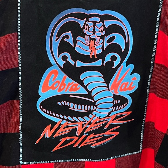UPCYCLED YOUTH OOAK HANDCRAFTED COBRA KAI FLANNEL BUTTON SHIRT SIZE 8 - Picture 3 of 11